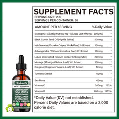 Herbavita Soursop Liquid Drops ingredients blend highlights sea moss and moringa synergy.