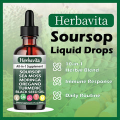 Herbavita Soursop Liquid Drops moringa focus for natural energy and wellness.