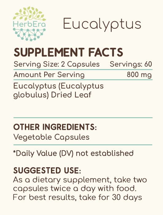 HerbEra Eucalyptus dried leaf pack showing raw botanicals for herbal use.
