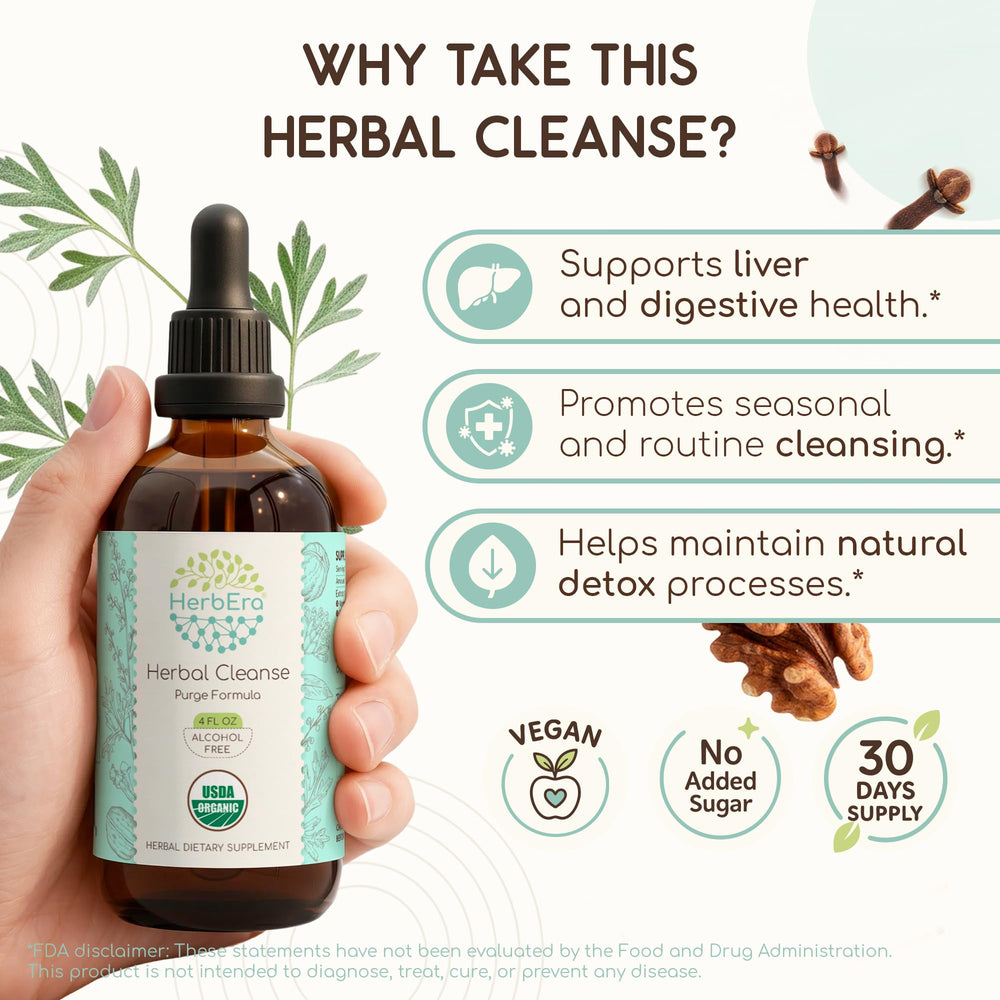 HerbEra Herbal Cleanse bottle pour demonstrating easy dropper dosing