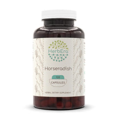 HerbEra horseradish capsules in a bottle, convenient for everyday meals.