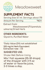 Herbera Meadowsweet tincture label shows ingredients and dosage for mindful use.