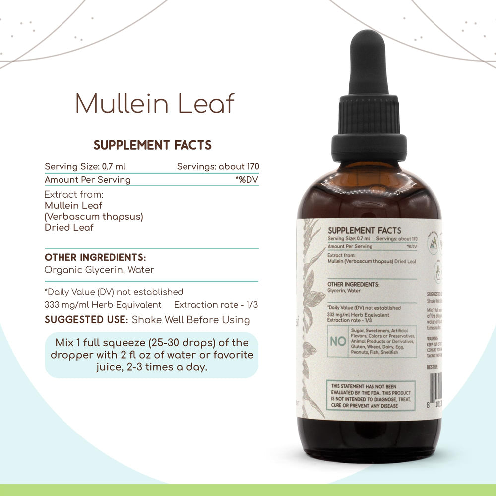 HerbEra Mullein Leaf tincture label showing ingredients and alcohol-free formula.