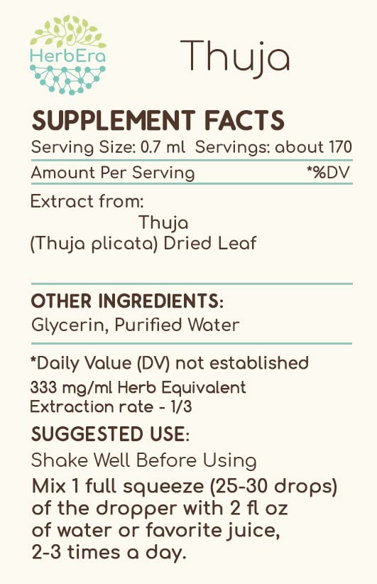 HerbEra Thuja B120 label close-up confirms quality and herb identity.