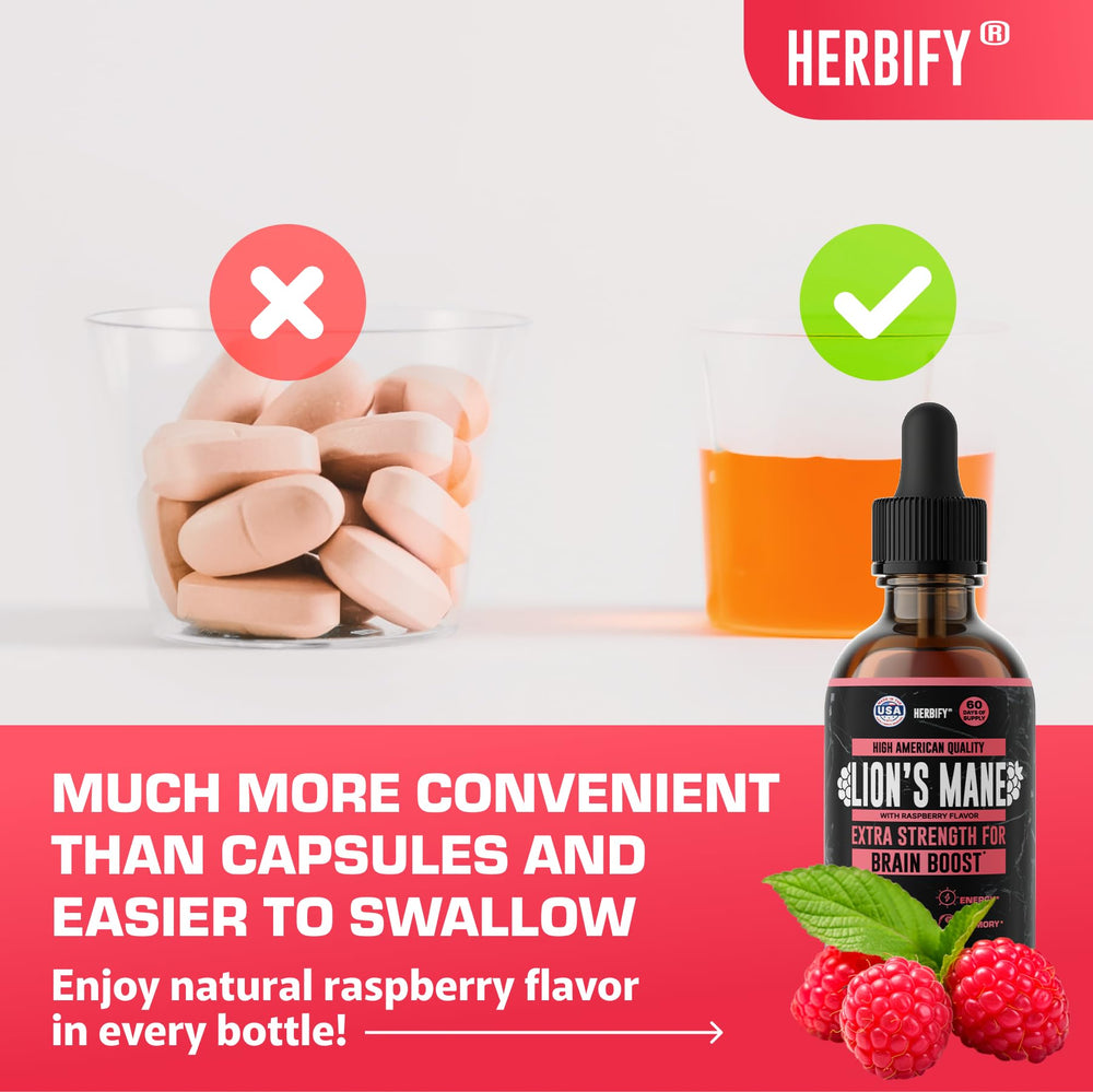 HERBIFY Lions Mane dropper delivering a measured dose for focus