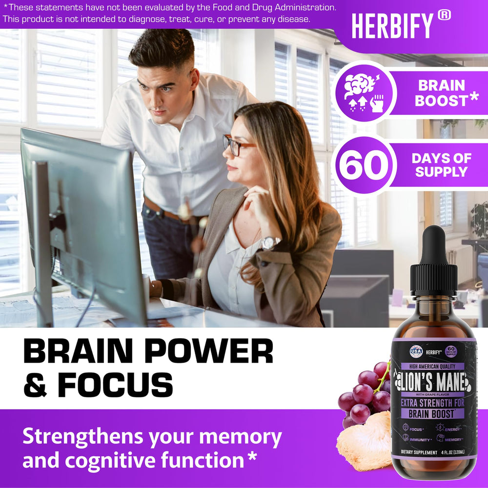 HERBIFY Lions Mane drops with glass dropper for quick mental clarity.
