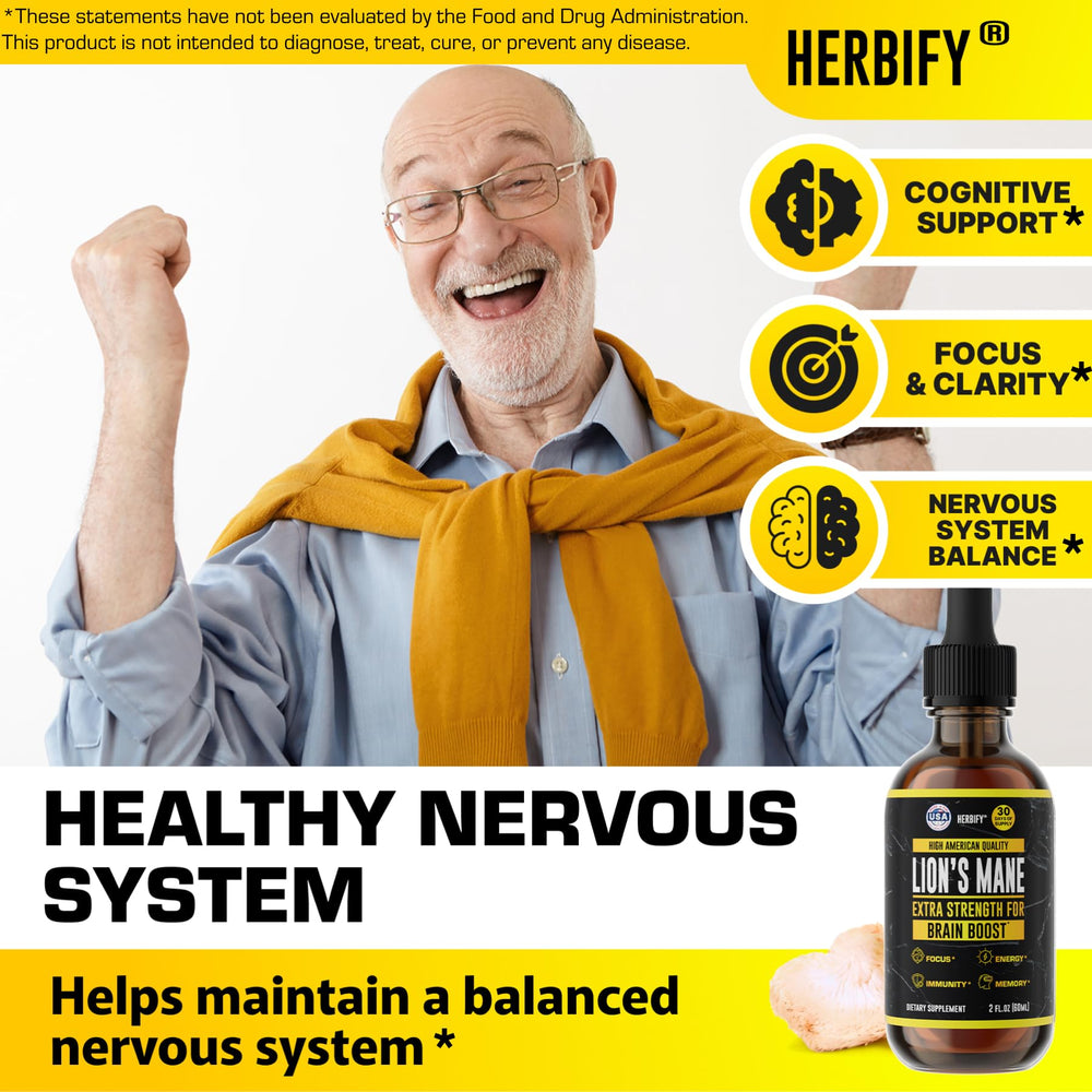 HERBIFY Lions Mane bottle emphasizing immune support and daily wellness.