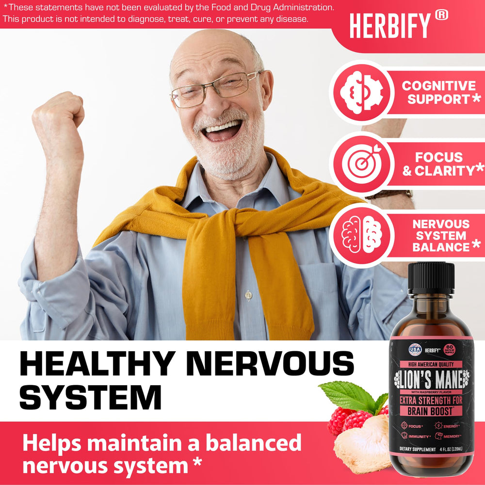 HERBIFY Lions Mane raspberry-flavored tincture bottle for taste and immune-friendly routine