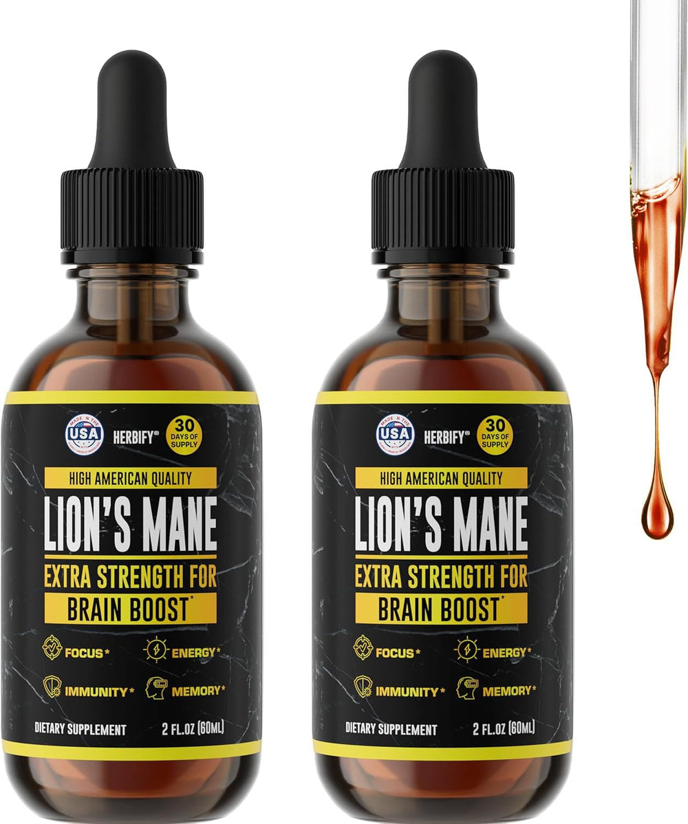 HERBIFY Lions Mane tincture bottle highlights focus and immune support.