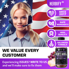 HERBIFY Lions Mane packaging emphasizes USA-made ingredients and quality control.