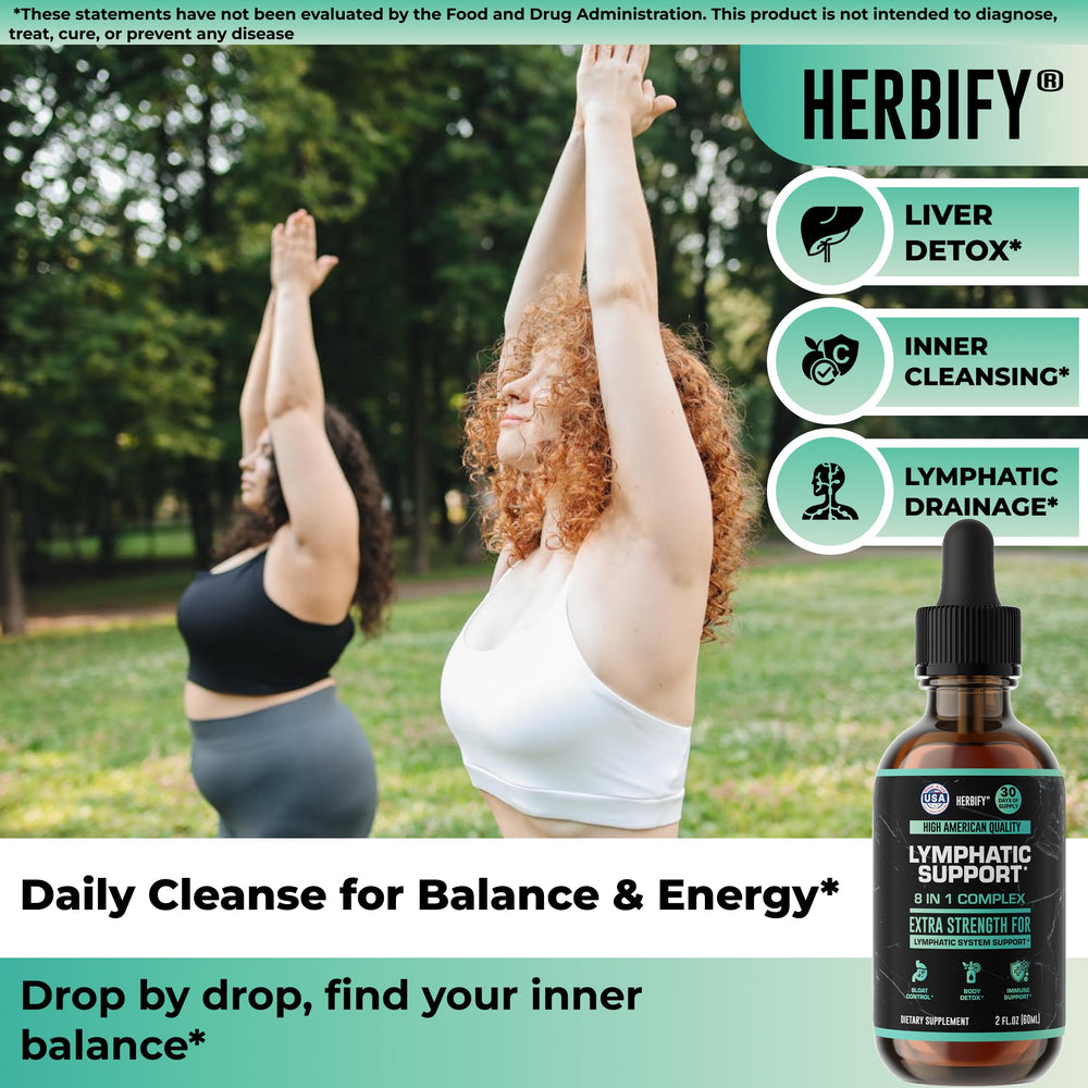 HERBIFY Lymphatic Drainage Drops label detail with ingredients.