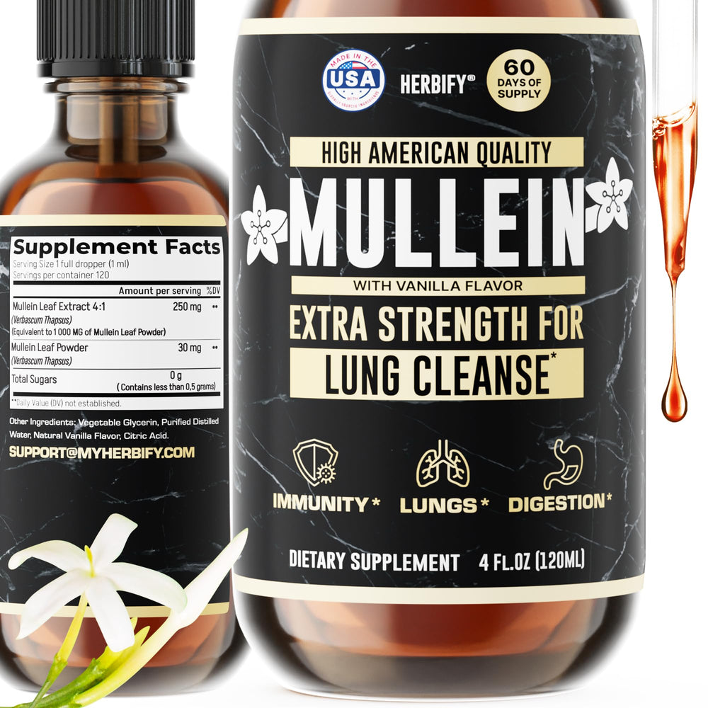 HERBIFY Mullein Drops bottle front shows premium lung-support formula.