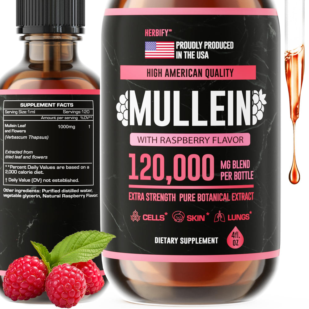 HERBIFY Mullein Drops bottle with raspberry flavor supports respiratory comfort.