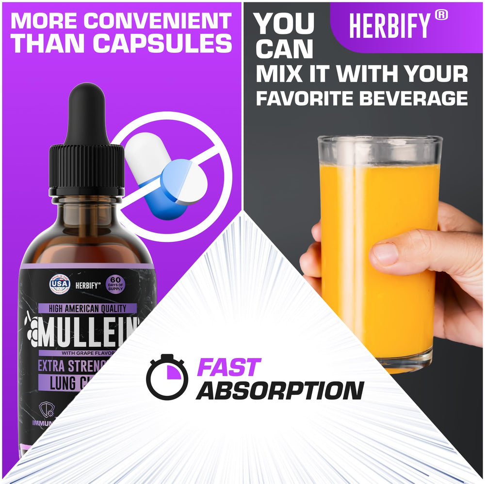 HERBIFY Mullein Drops grape-flavor glass showing everyday intake.