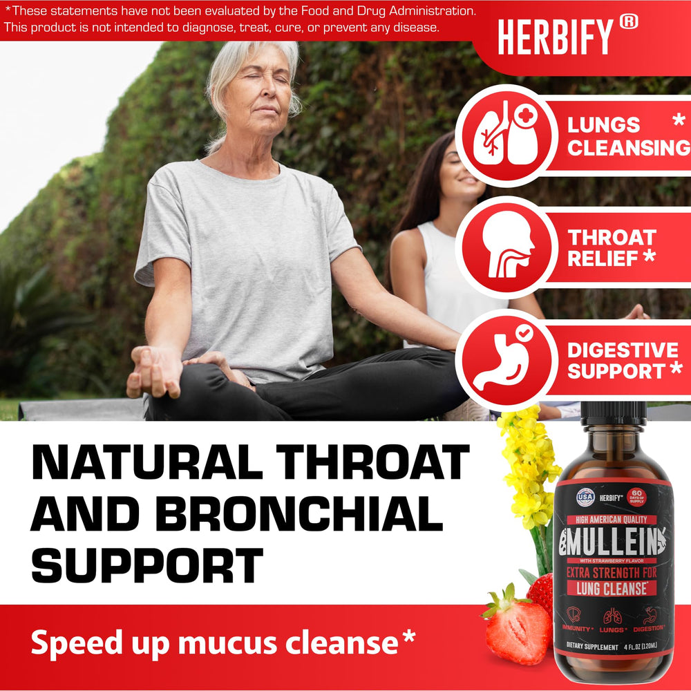 HERBIFY Mullein Drops label close-up highlighting USA-made quality for lung support.