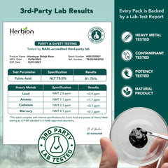 HERBION lab-label indicating 82% fulvic acid and purity.