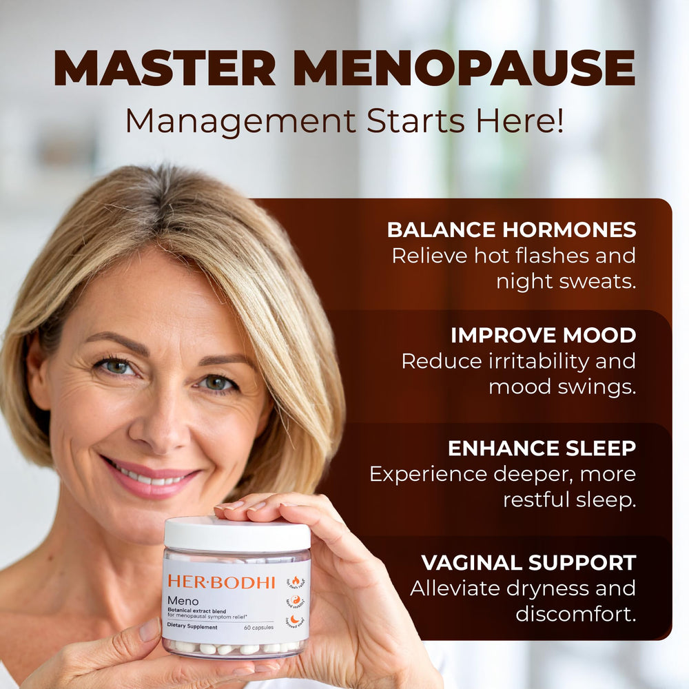 Her Bodhi Meno capsules pouring from bottle for daily relief.