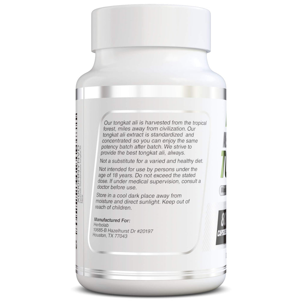 Herbolab Tongkat Ali label highlights standardized extract and third‑party testing.