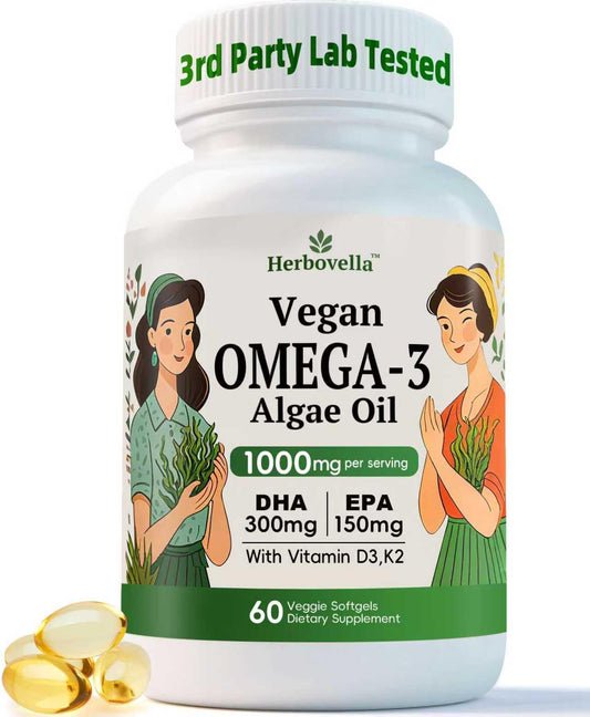 Herbovella algae omega-3 softgels bottle may support brain and eye function.
