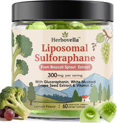 Herbovella broccoli sprout liposomal sulforaphane bottle highlighting antioxidant support.
