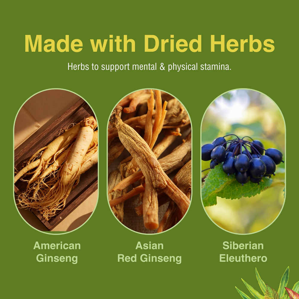 Herbs Etc Ginseng blend visual highlighting American ginseng, Asian red ginseng, and eleuthero.