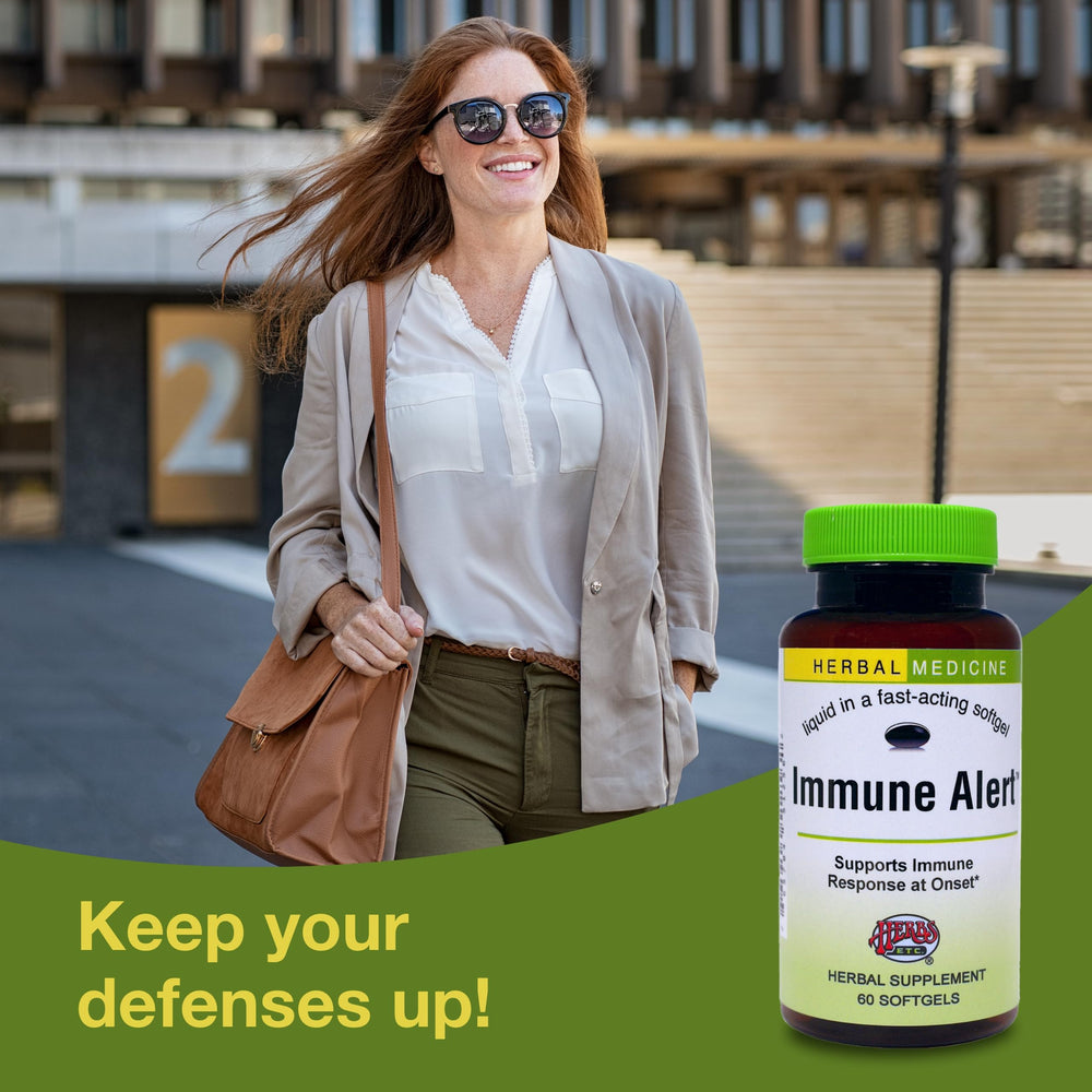 Herbs Etc. Immune Alert softgels close-up showing convenient daily capsules