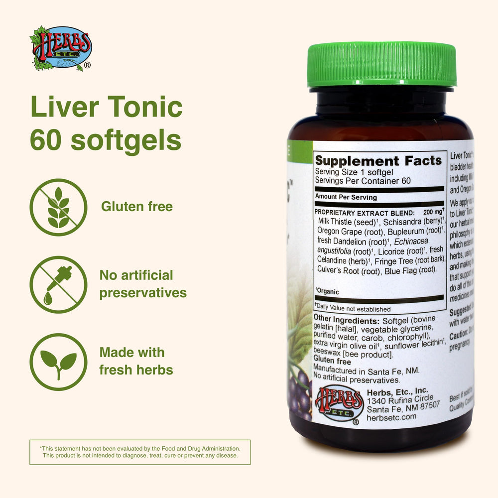 Herbs Etc. Liver Tonic softgel capsule close-up highlighting milk thistle and herbs for liver support.