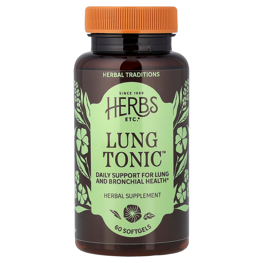 Herbs Etc. Lung Tonic bottle showcasing organic herbs for bronchial support.