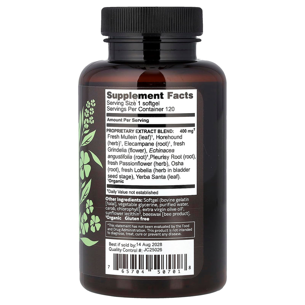 Herbs Etc. Lung Tonic softgels close-up highlighting mullein horehound and grindelia for breathing support