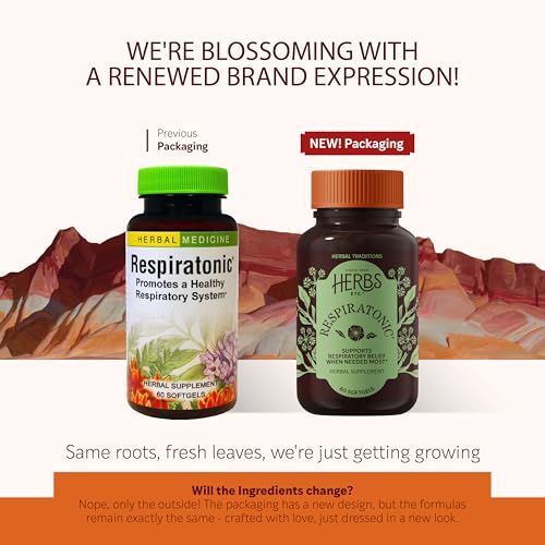 Close-up of Respiratonic softgel capsules by Herbs Etc. for easy swallowing.