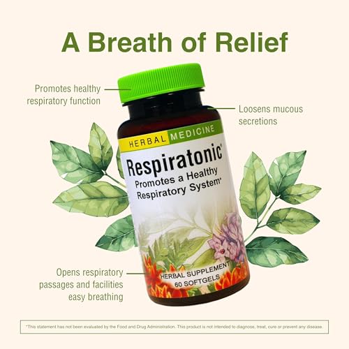 Herbs Etc Respiratonic softgel bottle being poured for quick, portable use.
