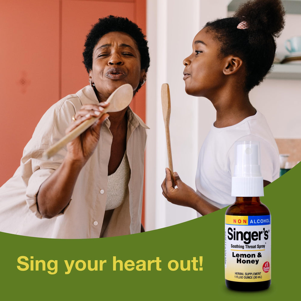 Backstage singer practicing while using Herbs Etc. spray.
