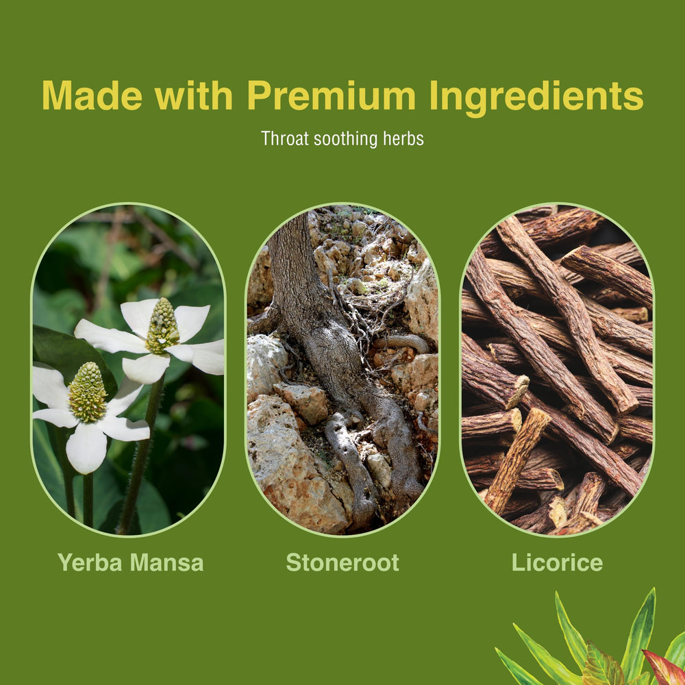 Ingredient panel with yerba mansa, stoneroot, licorice.
