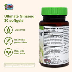Herbs Etc Ultimate Ginseng Softgels capsules closeup highlighting herbal blend.