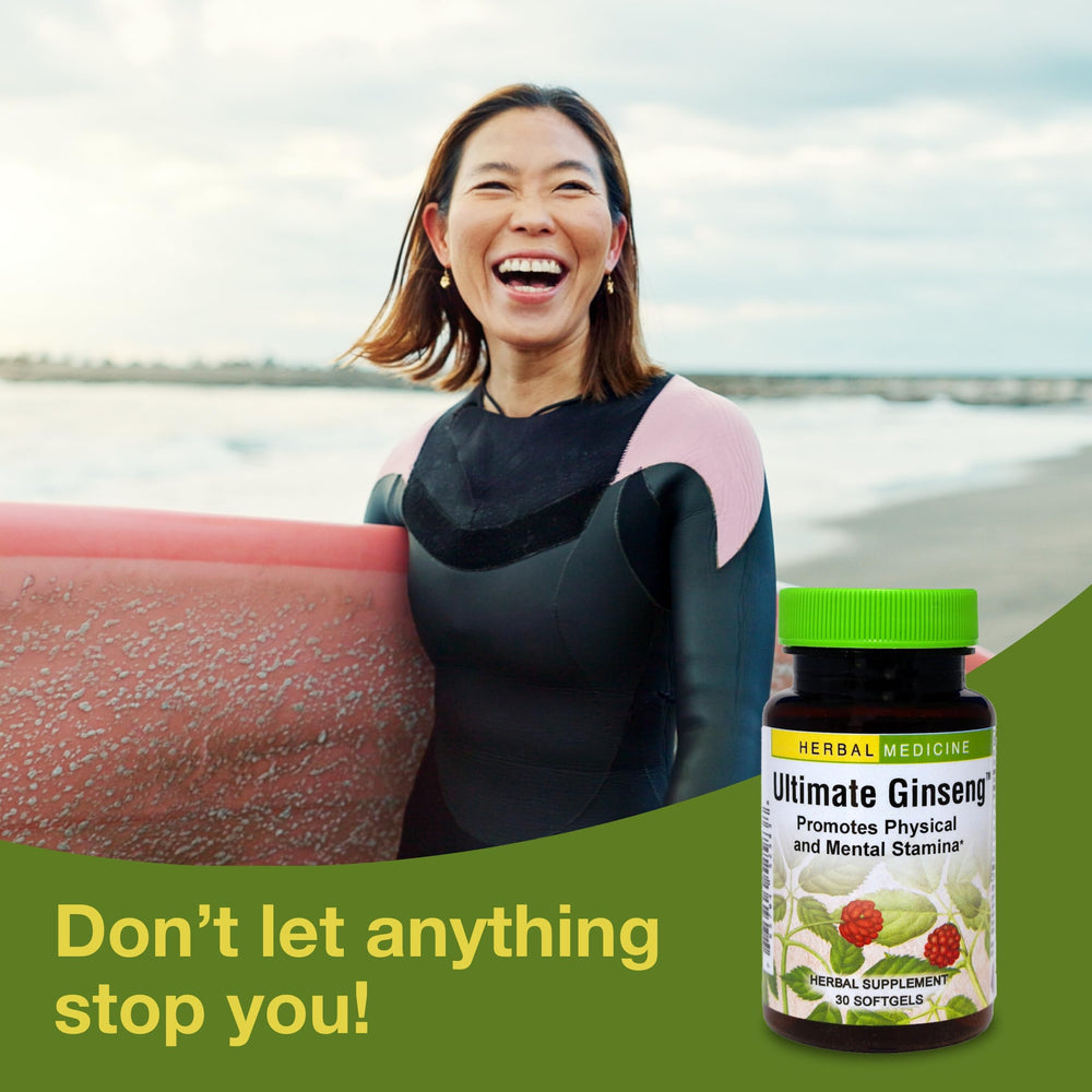 Herbs Etc Ultimate Ginseng Softgels packaging back shows gluten-free formulation.