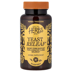 Herbs Etc. Yeast ReLeaf softgels bottle for daily flora support.