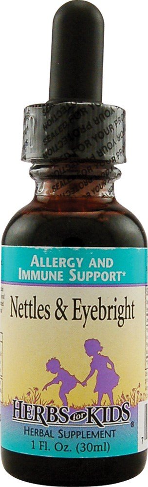 Herbs for Kids Nettles and Eyebright 1oz bottle with dropper supports gentle daily allergy comfort.