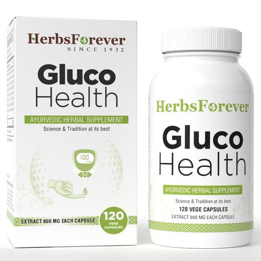 Herbsforever Gluco Health bottle front promotes daily wellness with plant-based support.