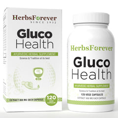 Herbsforever Gluco Health bottle front promotes daily wellness with plant-based support.
