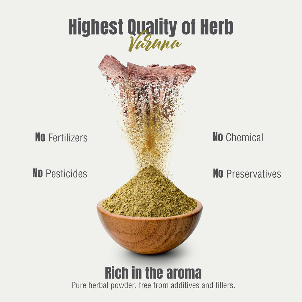 Herbsforever Varuna powder on kitchen counter — ready for mixing into beverages.