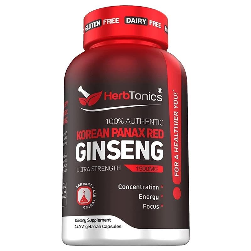 Herbtonics Korean Red Panax Ginseng bottle showcasing high potency for sustained energy