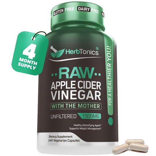Herbtonics Raw Apple Cider Vinegar Capsules bottle front for daily wellness.