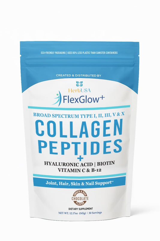 HerbUSA FlexGlow+ collagen powder tub for daily skin and joint support.