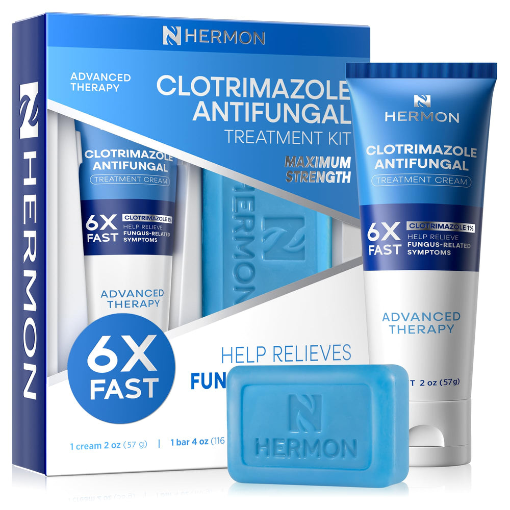 Hermon clotrimazole cream tube for quick antifungal relief on skin.