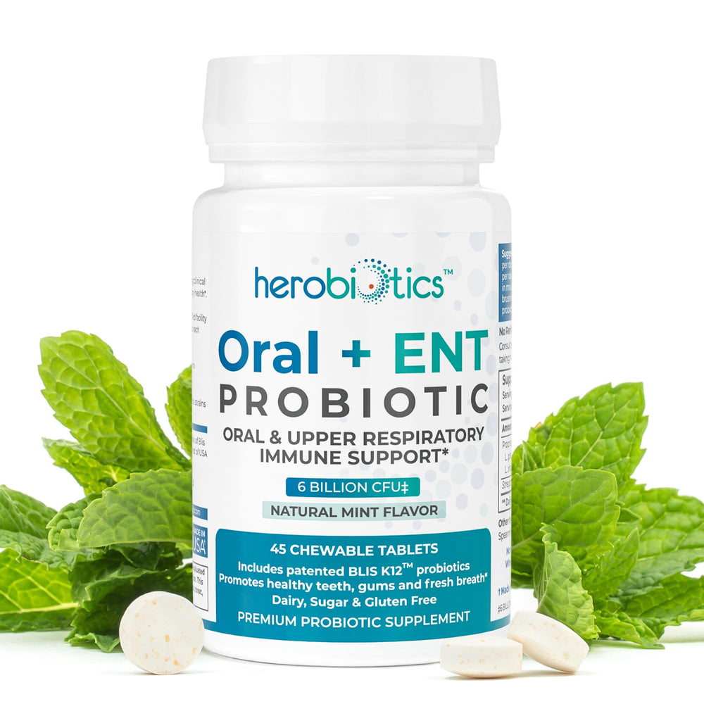 Herobiotics chewable tablets packaging for on-the-go oral care.
