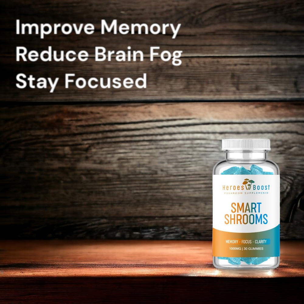 Blue raspberry flavor gummy from Heroes Boost Smart Shrooms packaging