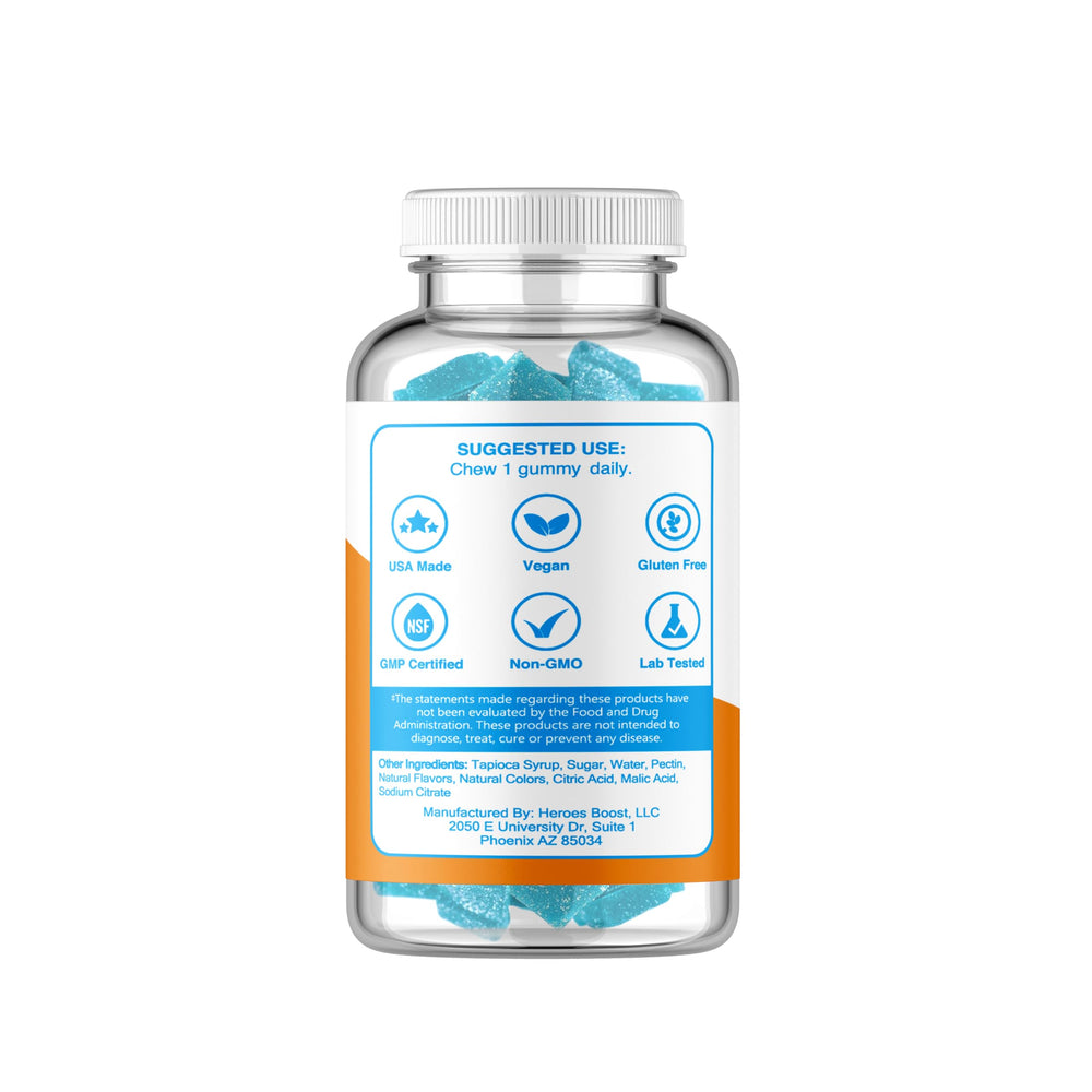 Heroes Boost Smart Shrooms blue raspberry gummy close-up for focus