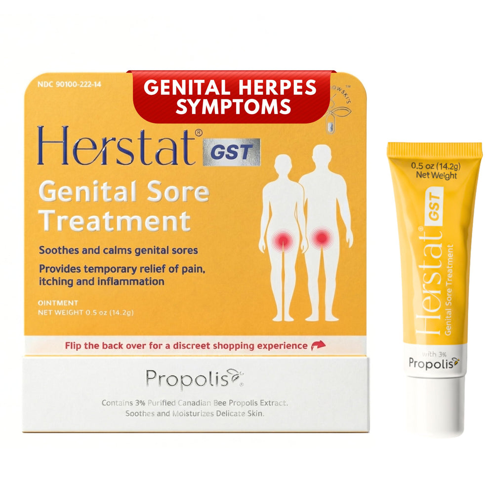 Herstat GST genital sore ointment tube for targeted relief on inflamed skin.