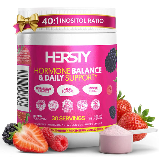 HERSTY Myo-Inositol berry powder bottle for daily hormone balance.