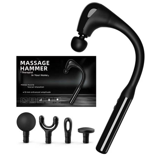 HESUSLA deep tissue massage gun with extension handle reaching back and neck for easy self-massage.